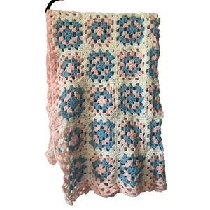 Crochet BABY BLANKET AFGHAN Granny Square 42x50 Blue Pink White Girl Boy Gift